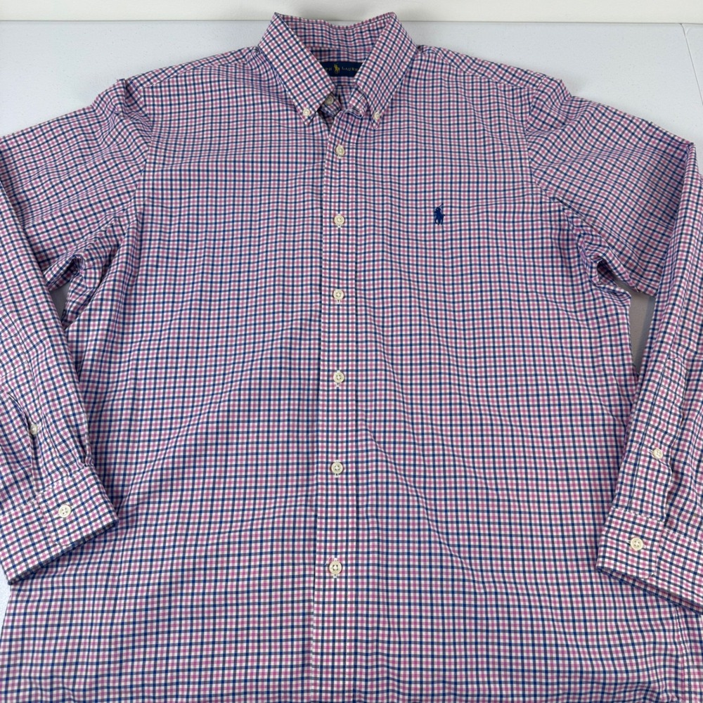 Ralph Lauren Mens Large Pink Navy Blue Gingham Check Button Down Shirt L Long